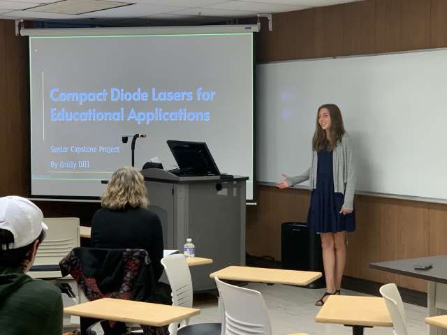 Emily Dill presents her Capstone project Compact Diode Lasers for Educational Applications at UMass Lowell where she was recognized as a Commended Student in the 2023 National Merit Scholarship Program